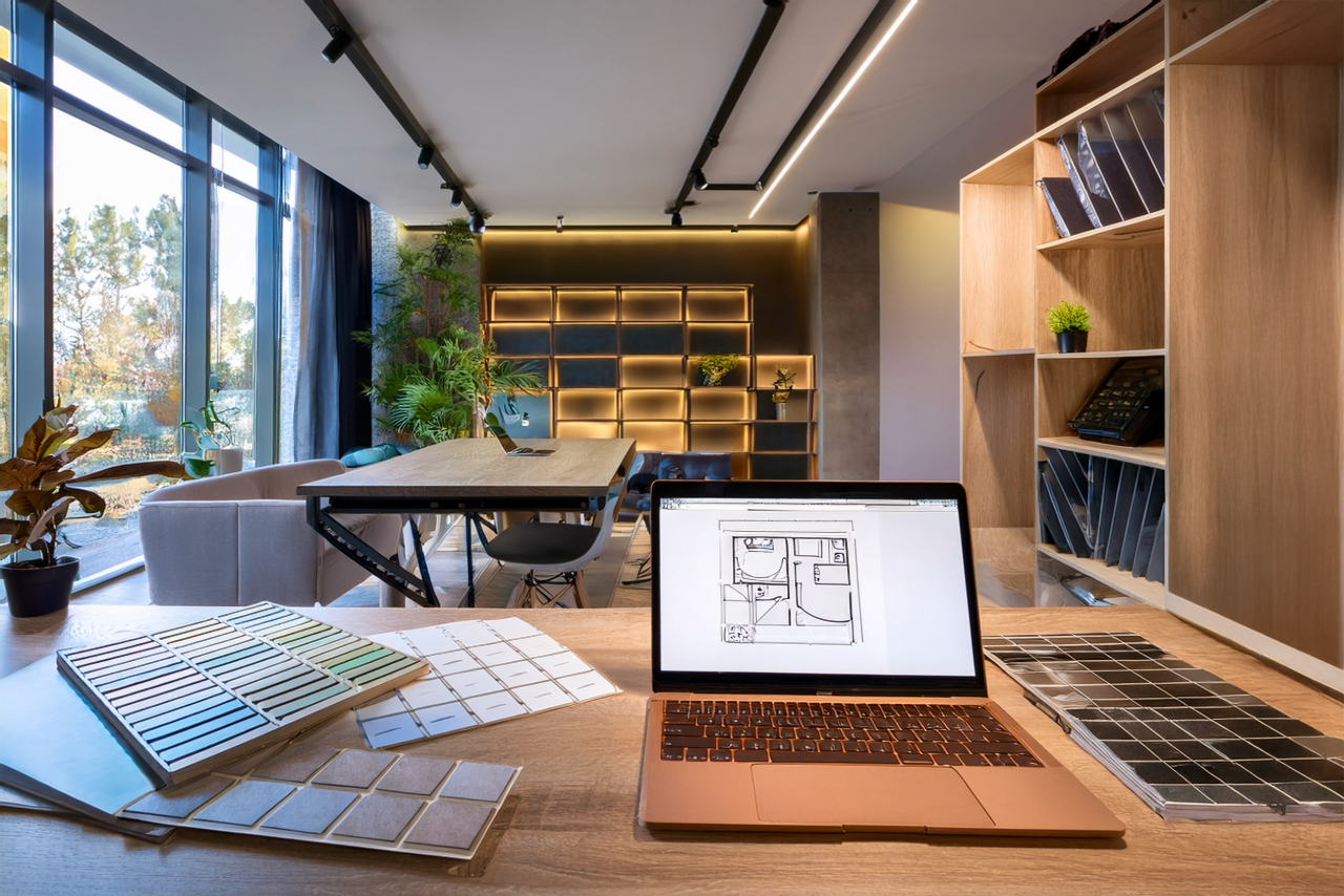 Laptop z otwartym formularzem do wyceny mebli, otoczony próbkami materiałów i katalogami w nowoczesnym biurze projektowym.